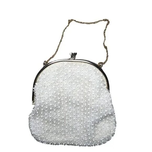Vintage Handbag White Beaded Clamshell Purse Chain Strap Sequin Small 50's - Picture 2 of 6